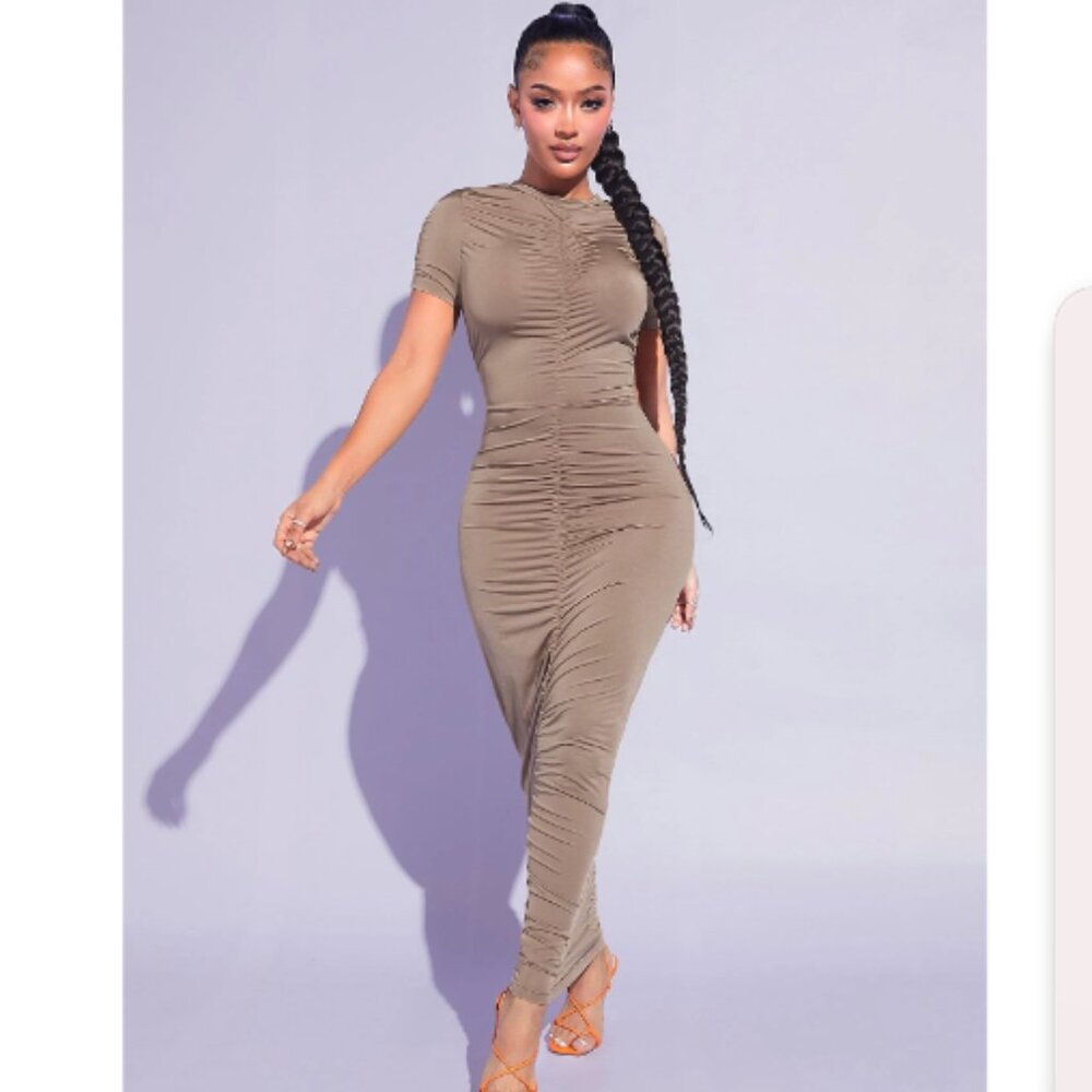SHEIN SXY Mocha Solid Ruched Bodycon Dress